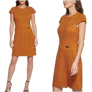 DKNY Womens Unlined Slit Buckle Accent Faux-Suede Cap-Sleeve Sheath Dress Size 8